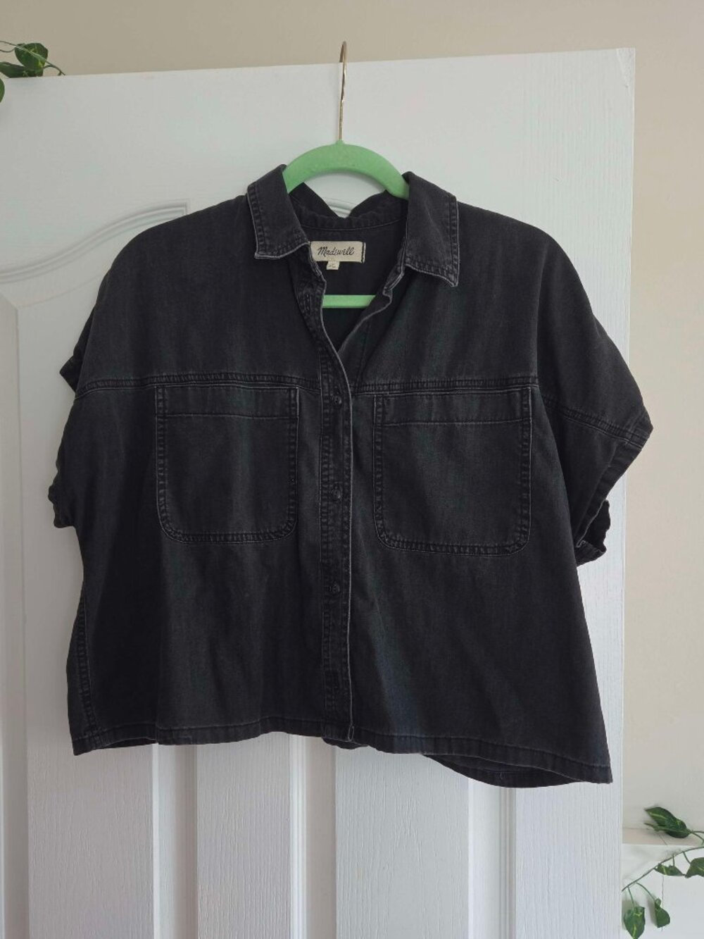 Madewell Charcoal Black Oversize Button-Up Denim Cropped Shirt Size Large